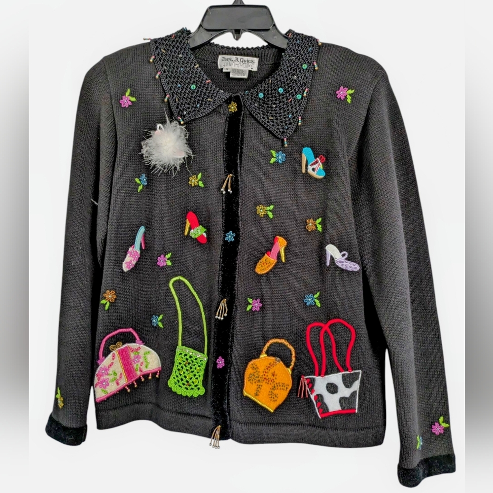 Vintage Jack B.‎ Quick Novelty Cardigan Sweater Purses Heels Beads Feathers M
